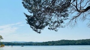Eine Holzsteg, der sich in einen stillen See erstreckt, umgeben von Bäumen und blauem Himmel.