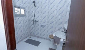 Shower, towels, soap, toilet paper