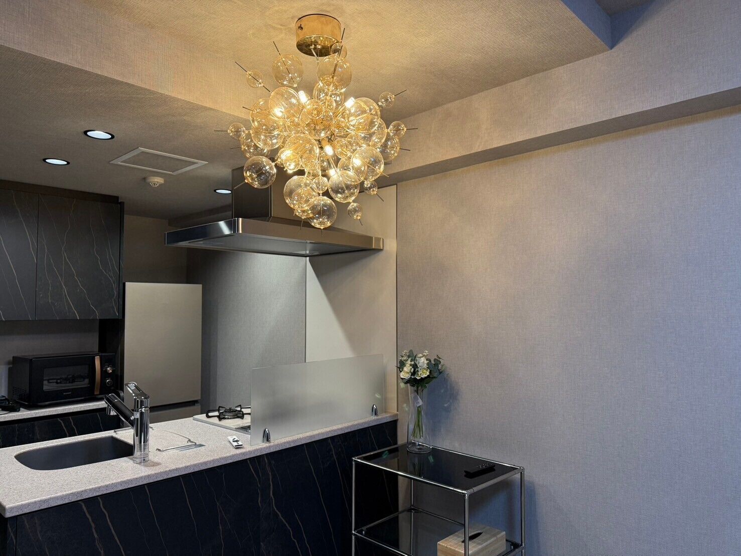 Fridge, microwave, electric kettle, cookware/dishes/utensils