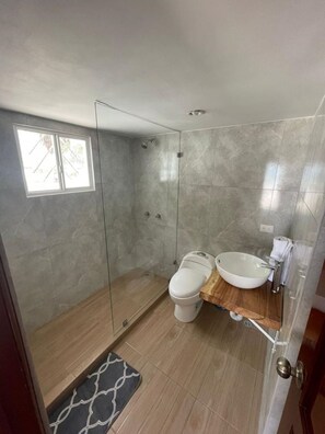 Shower, towels, soap, shampoo