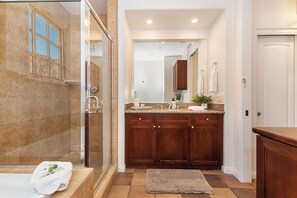 Jetted tub, hair dryer, towels, soap