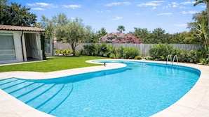 A swimming pool with a curved design, surrounded by a well-maintained lawn and various plants.