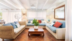 A living room with two sofas, a coffee table, and a potted plant.