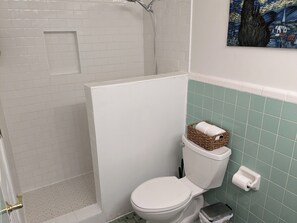 Douche, séchoir à cheveux, serviettes fournies, savon