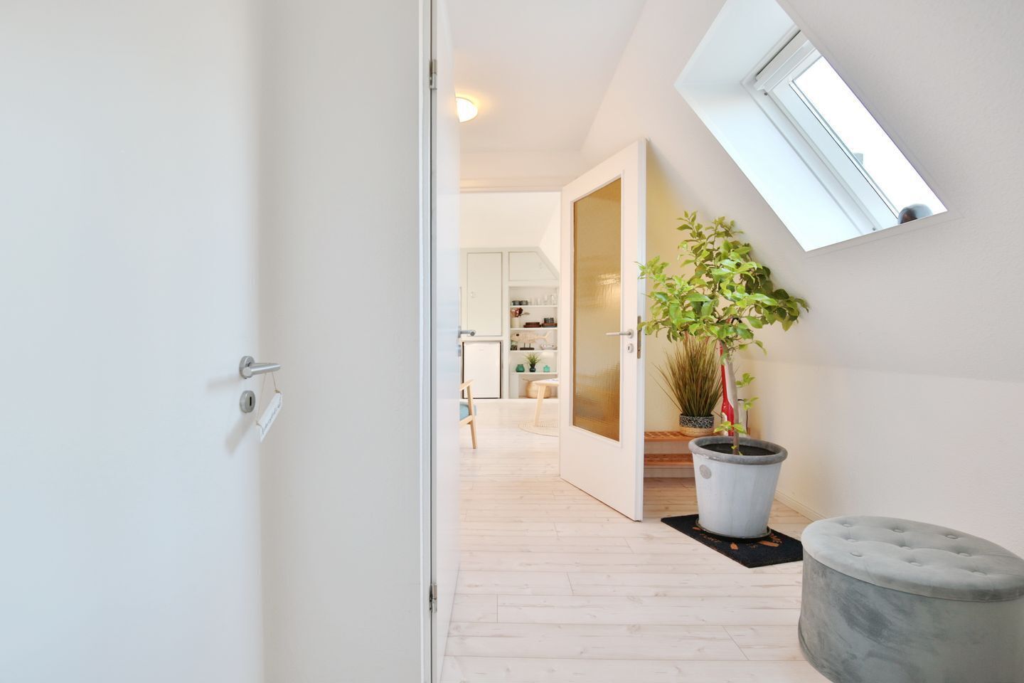 Un intérieur moderne avec un plancher en bois, une plante en pot, un pouf capitonné et une lucarne.