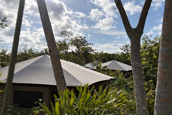 A series of modern, tent-like structures with a natural, forested backdrop.