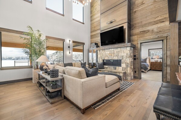 Smart TV, fireplace, video games, DVD player