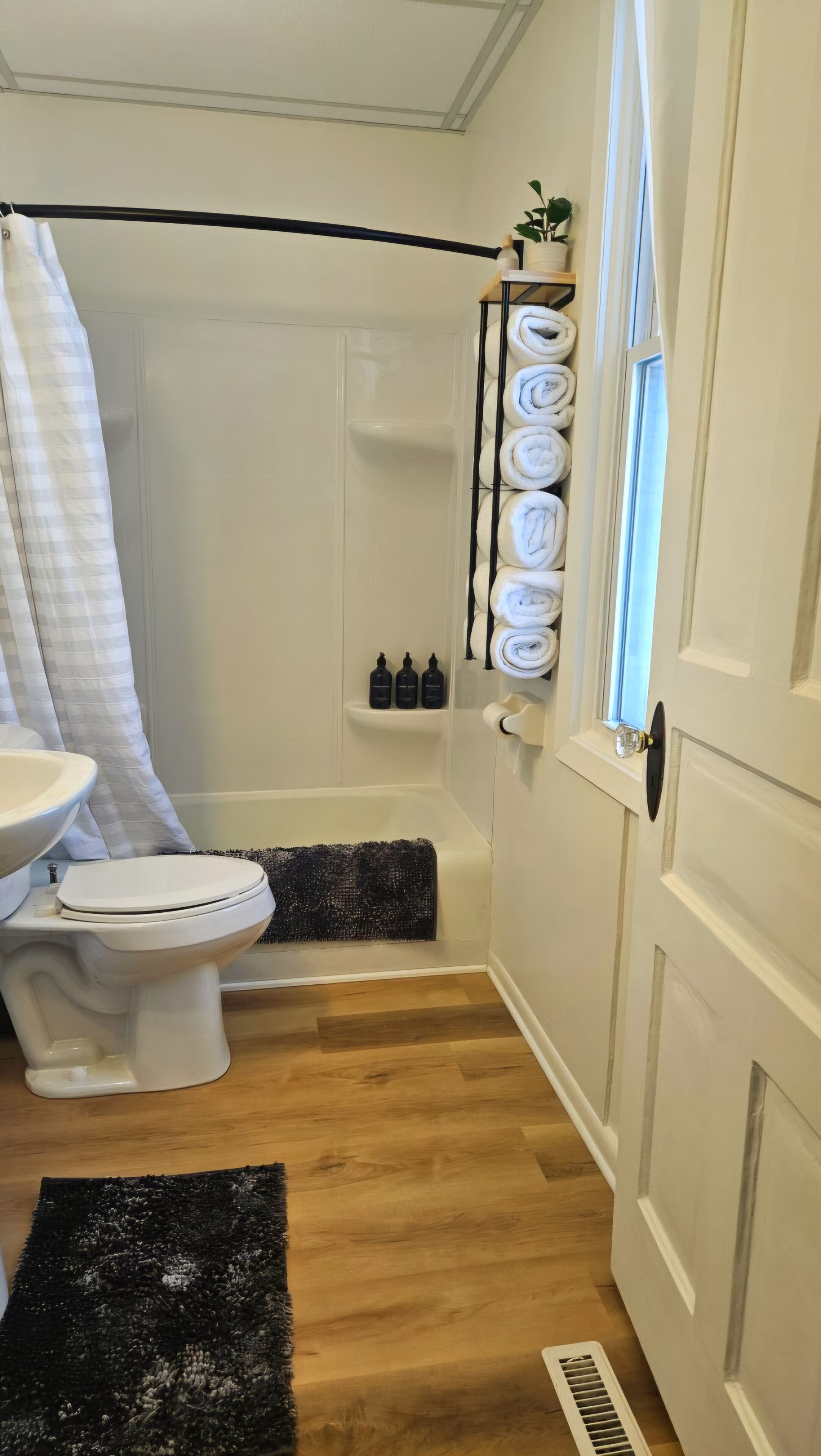 Hair dryer, towels, soap, shampoo