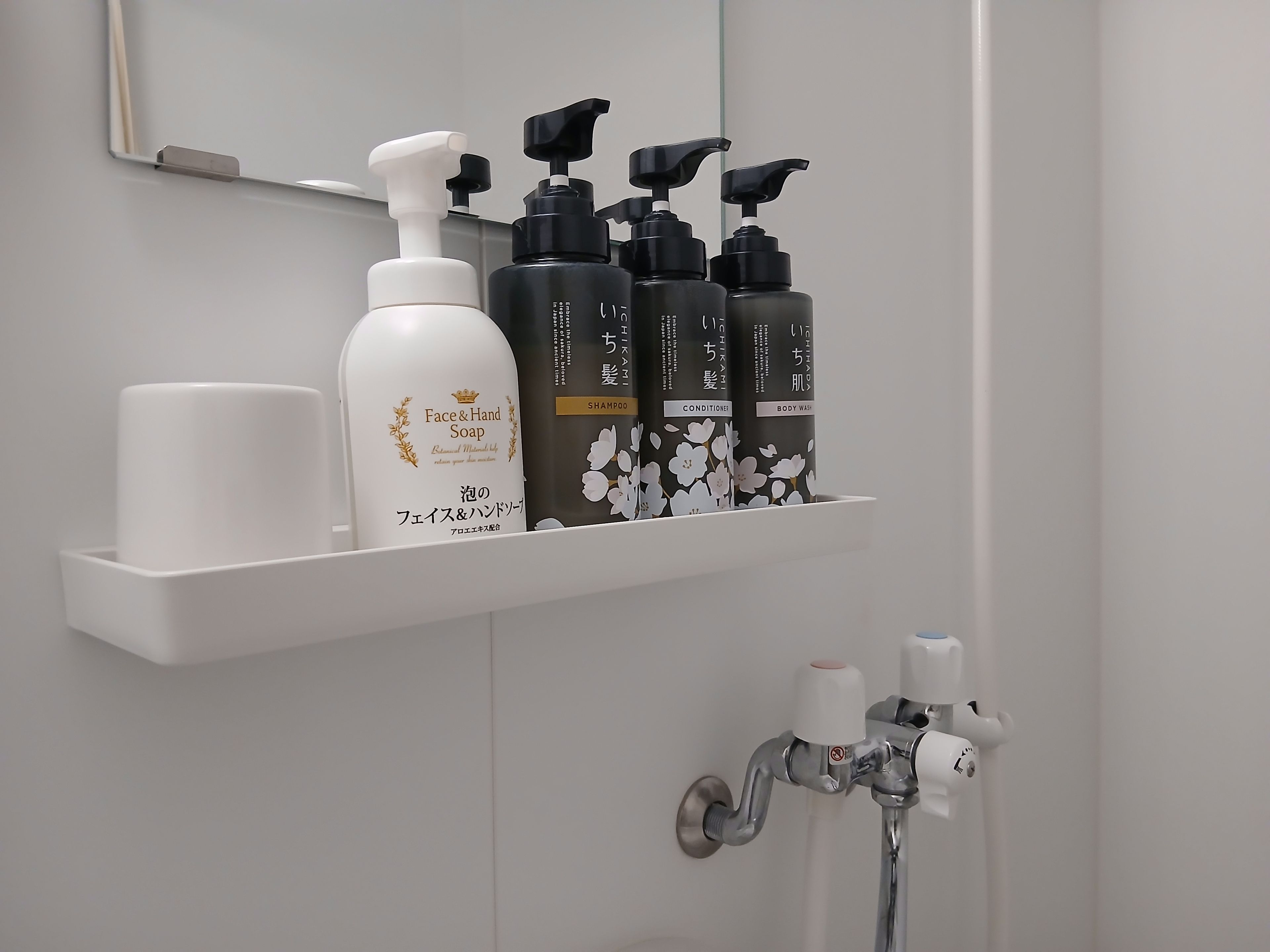 Ein Badezimmer mit einem weißen Regal, auf dem verschiedene Pflegeprodukte liegen, darunter eine Flasche Gesichts- und Handseife sowie mehrere Flaschen Shampoo und Duschgel.