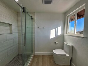 Hair dryer, towels, soap, shampoo