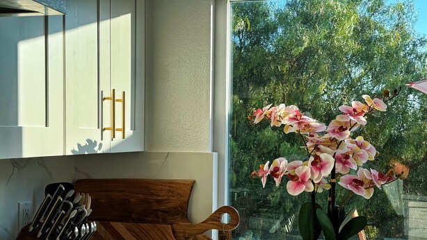 Eine Küche mit Schneidebrett aus Holz, einem Messerblock und einer Orchidee in einem Topf neben einem Fenster.