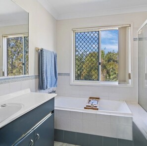 Hair dryer, towels, soap, toilet paper