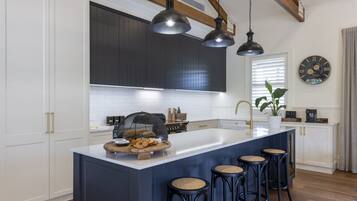 Full-size fridge, microwave, oven, stovetop