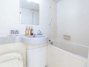 Combined shower/tub, hair dryer, bathrobes, slippers