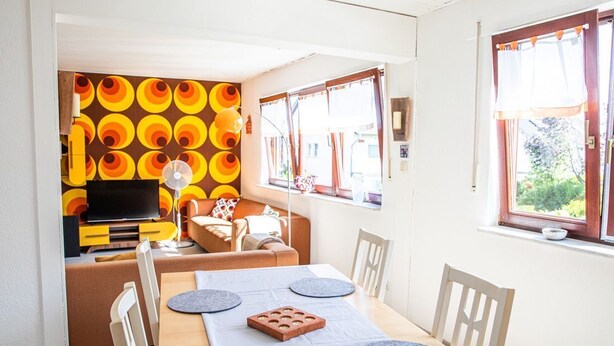 A modern living room with a sofa, a TV, and a dining area with a table and chairs. - **Charming feel-good oasis with sun terrace! Pet friendly**. (Brühl)