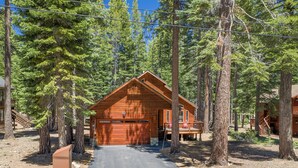 A cabin with a garage, surrounded by tall pine trees.