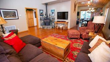 Smart TV, chimenea, libros, monitor de computadora