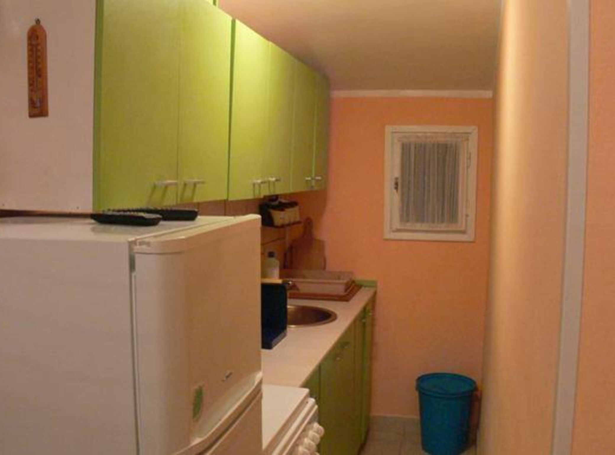 Eine kleine Küche mit grünen Schränken, einem weißen Kühlschrank, einer Spüle und einem Fenster.