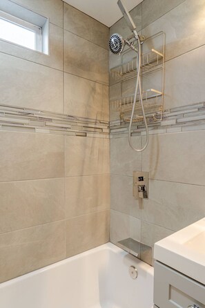 Hair dryer, towels, soap, shampoo
