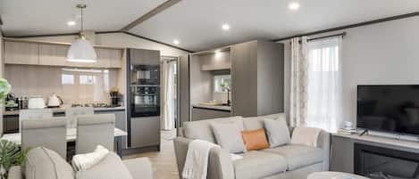 TV, fireplace, books, stereo