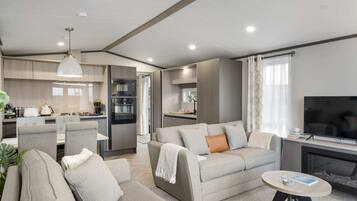 TV, caminetto, libri, impianto stereo