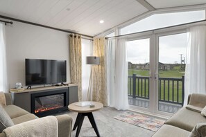 TV, fireplace, books, stereo