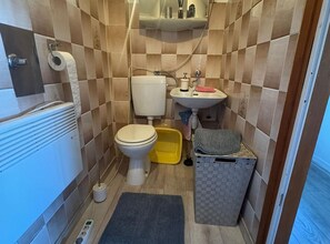 A compact bathroom with a toilet, sink, and shower area.