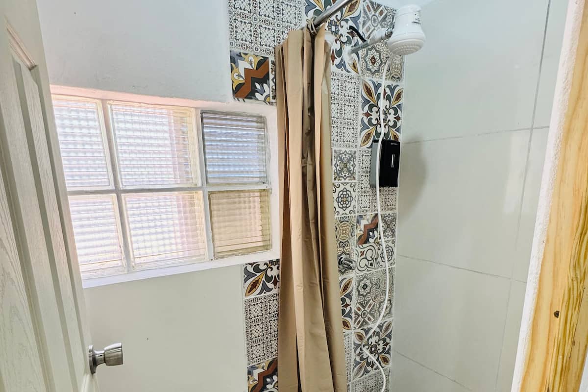Shower, towels, soap, toilet paper