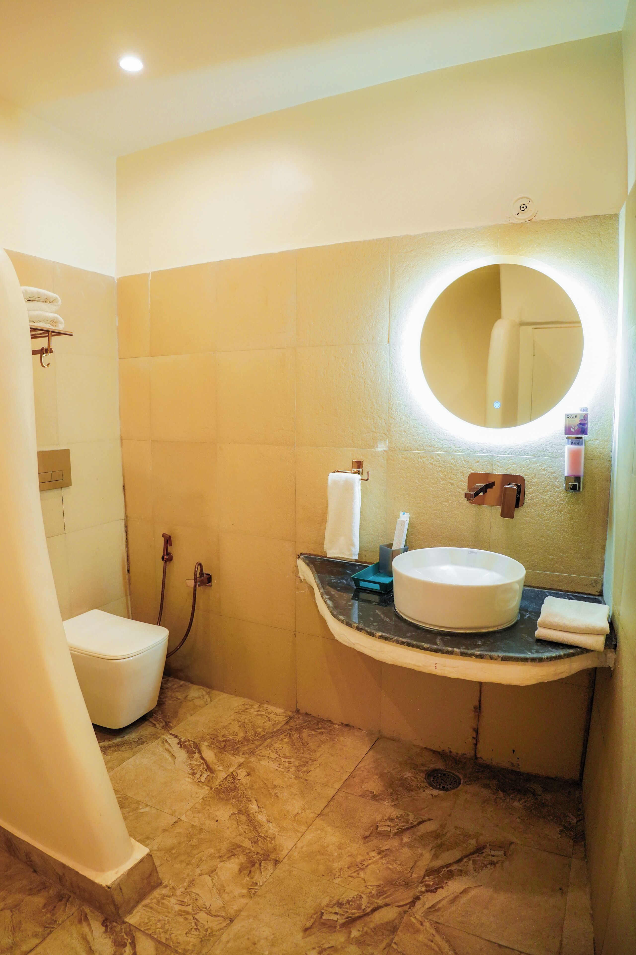 A bathroom with a toilet, sink, and shower.