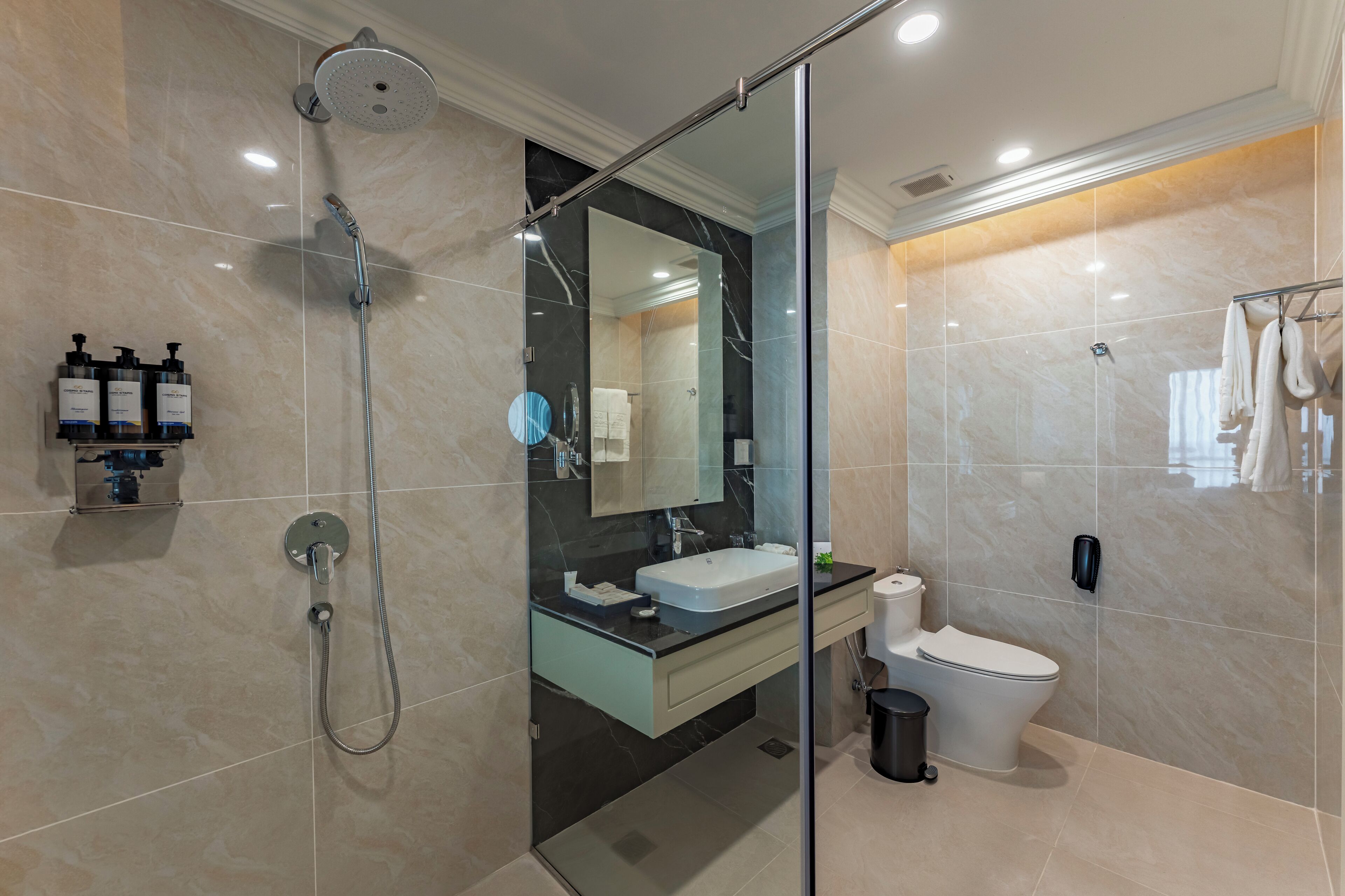 A modern bathroom with a glass-enclosed shower, a white sink, and a toilet.