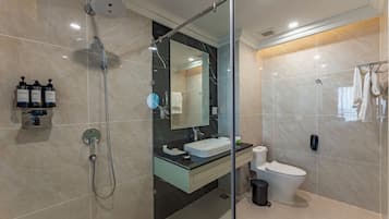 A modern bathroom with a glass-enclosed shower, a white sink, and a toilet.