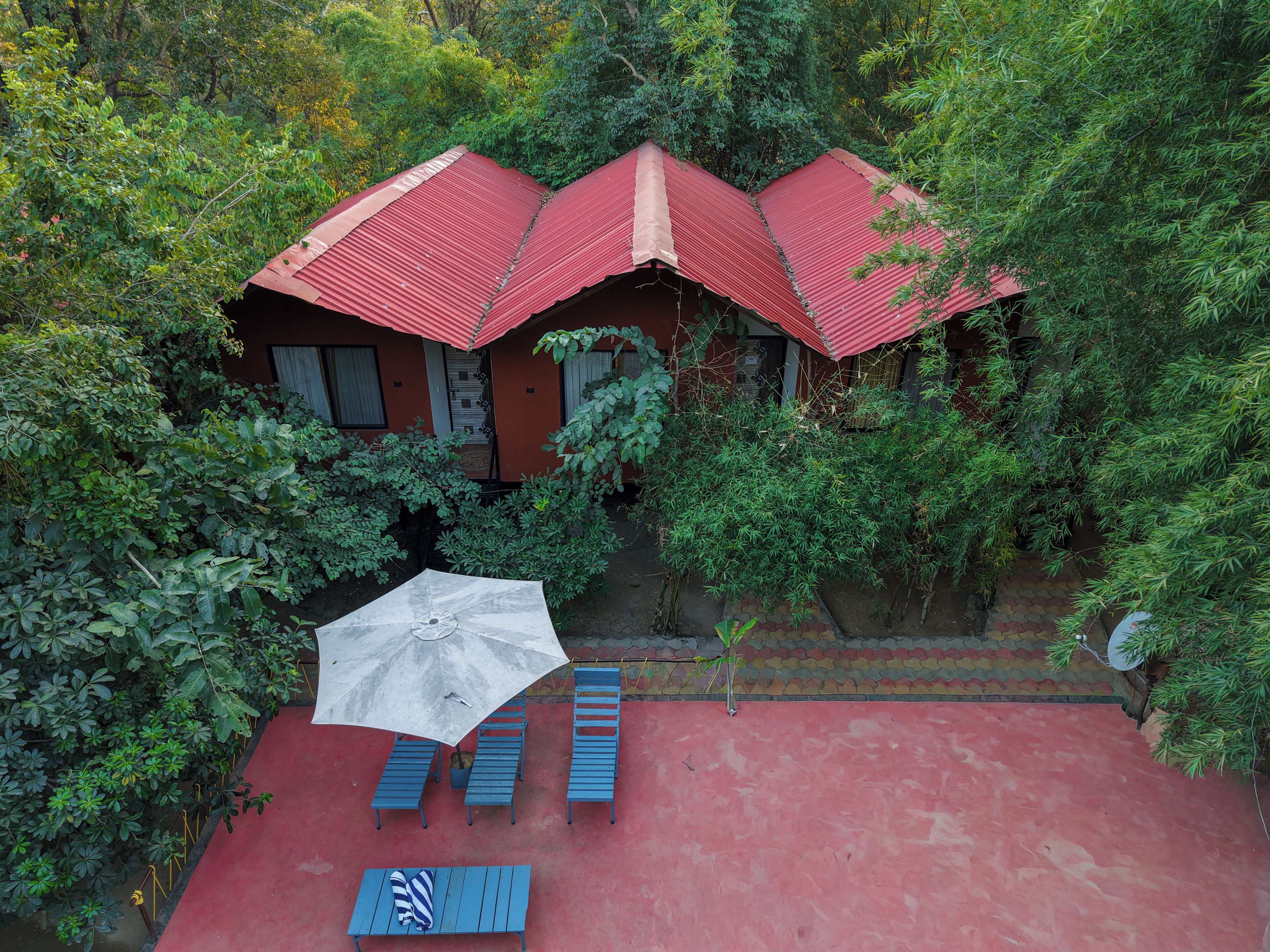 A red-roofed building surrounded by dense greenery, with a patio area featuring blue furniture and a large umbrella.