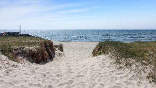 A sandy beach path leading to the sea with grassy dunes on either side.