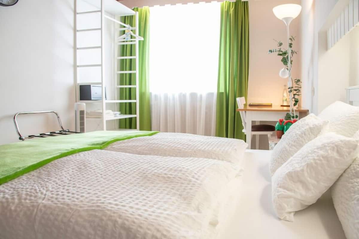 A bedroom with two beds, a ladder, a desk, and a chair.