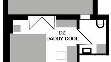 En planritning som visar ett rum med en DC-balkong och ett DZ-rum av typen "Daddy Cool".