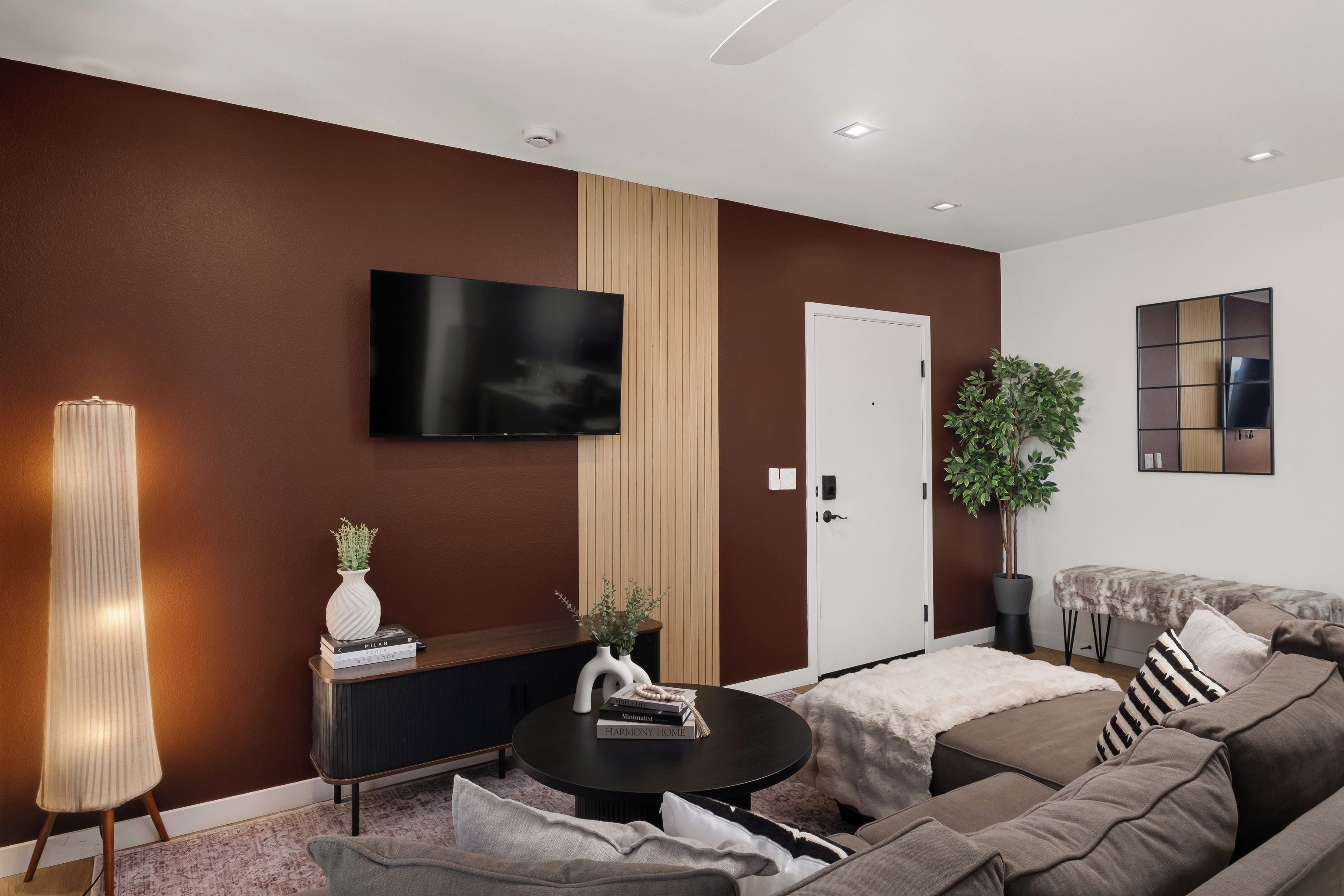 En moderne stue med et fladskærms-tv, en sofa, et sofabord og en potteplante.