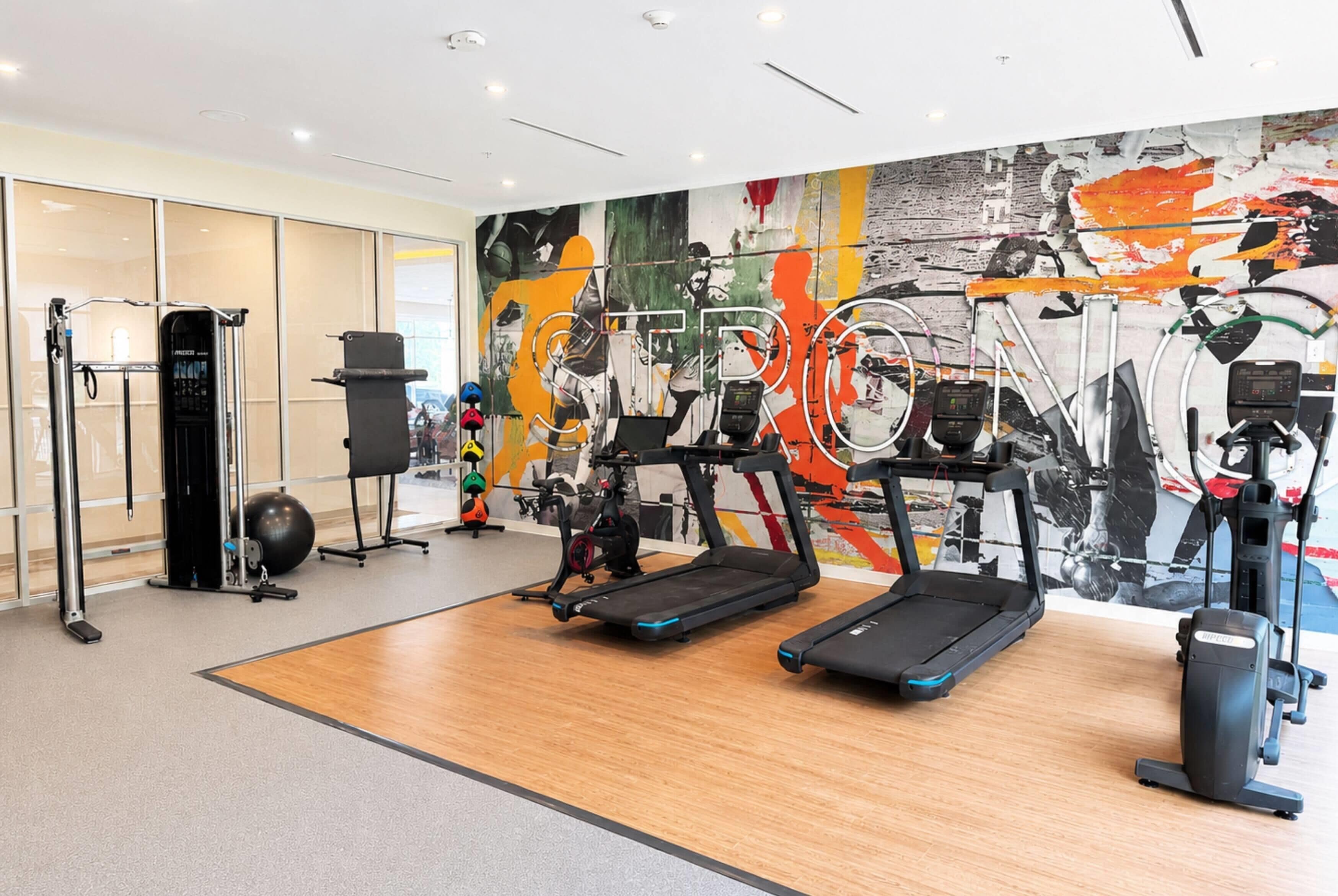 A gym with treadmills, a stationary bike, and a weight machine.