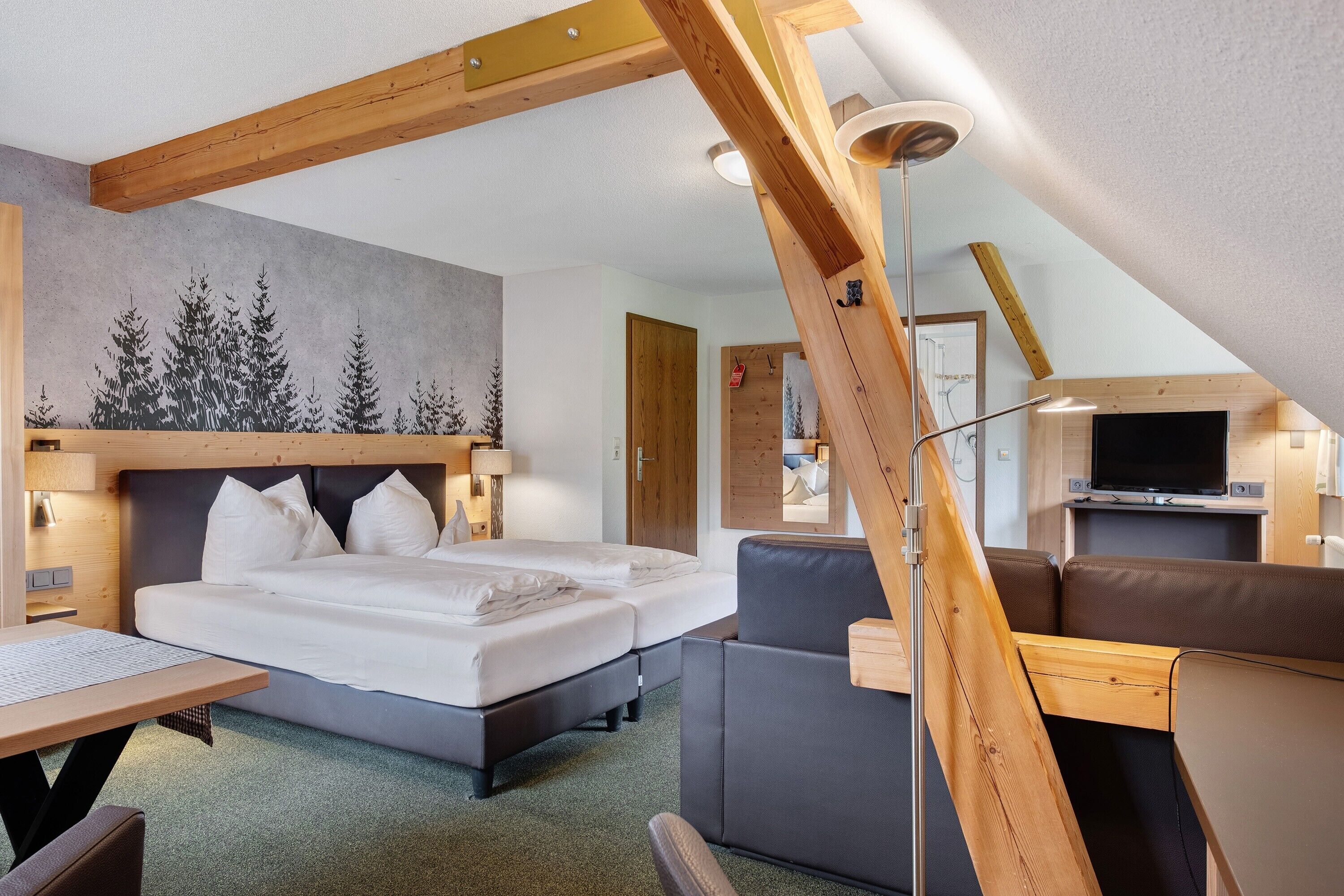 Une chambre d’hôtel moderne équipée d’un lit, d’un canapé, d’un bureau et d’une télévision.
