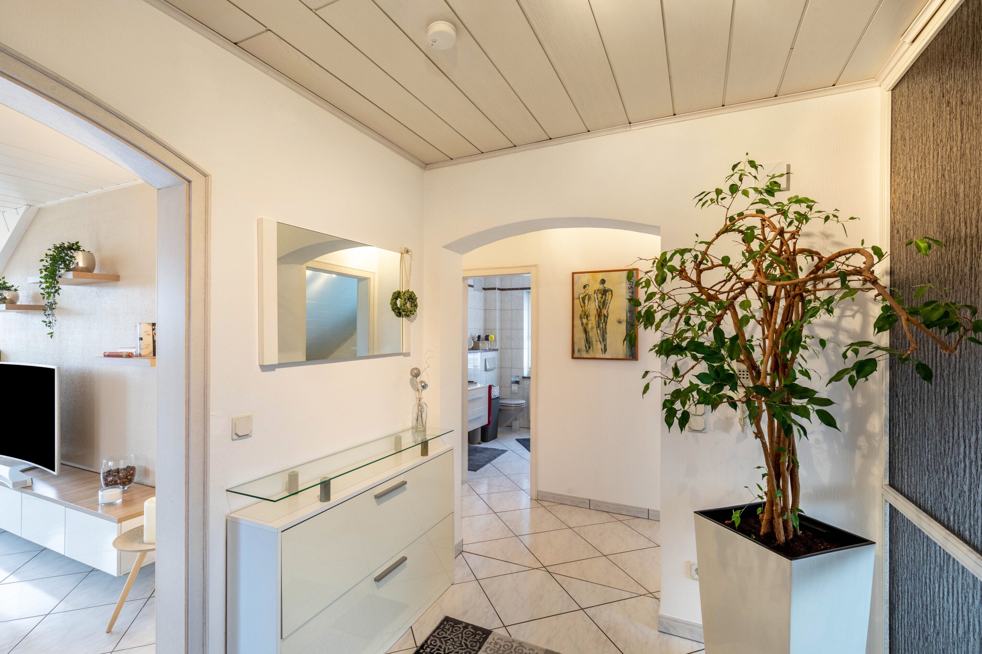 Ein modernes Interieur mit einem Waschtisch mit Glasfront, einem großen Spiegel, einer Topfpflanze und einem Fernseher.