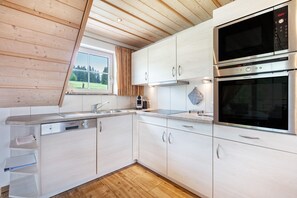A modern kitchen with a dishwasher, double ovens, and a window with a view of the outdoors. - Holiday Apartment 'Type B1, 50sqm' with Mountain View, Shared Terrace and Wi-Fi (Feldberg (Schwarzwald))