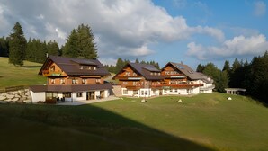 A cluster of chalet-style buildings with multiple balconies, set on a grassy hillside with a clear sky.