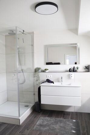 Shower, hair dryer, towels - Holiday Home 'Hq16 - Modern' with Private Terrace, Balcony and Wi-Fi (Neuenburg am Rhein)