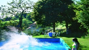 A swimming pool with a water feature, surrounded by a grassy area and trees.