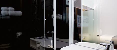 A modern bathroom with a glass shower enclosure, a white sink, and a large mirror.