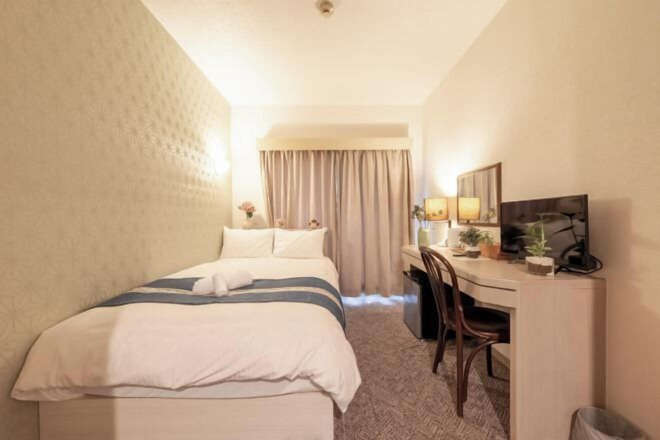 Desk, laptop workspace, blackout curtains, soundproofing