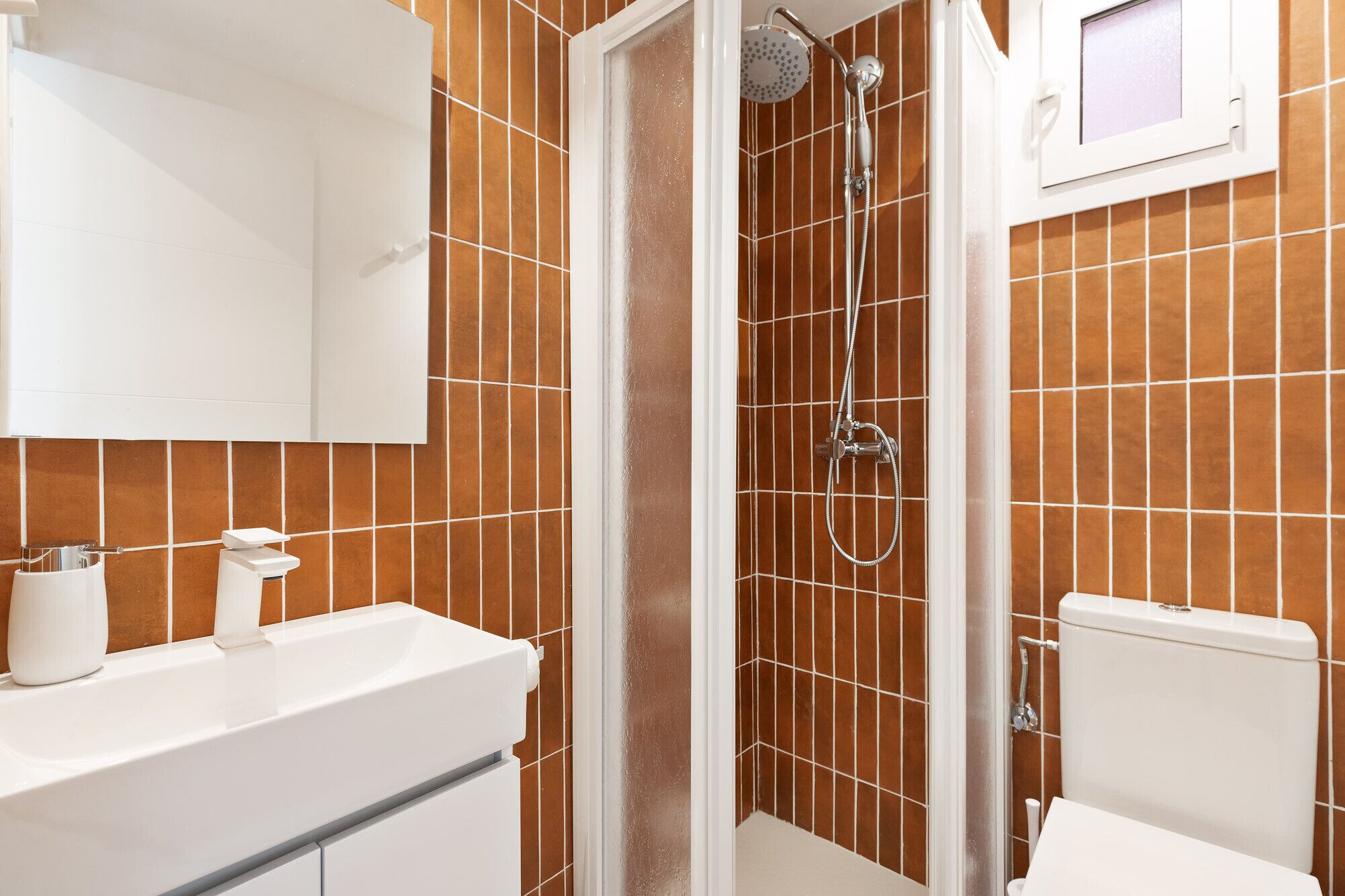Baño con ducha, inodoro, lavabo y espejo.