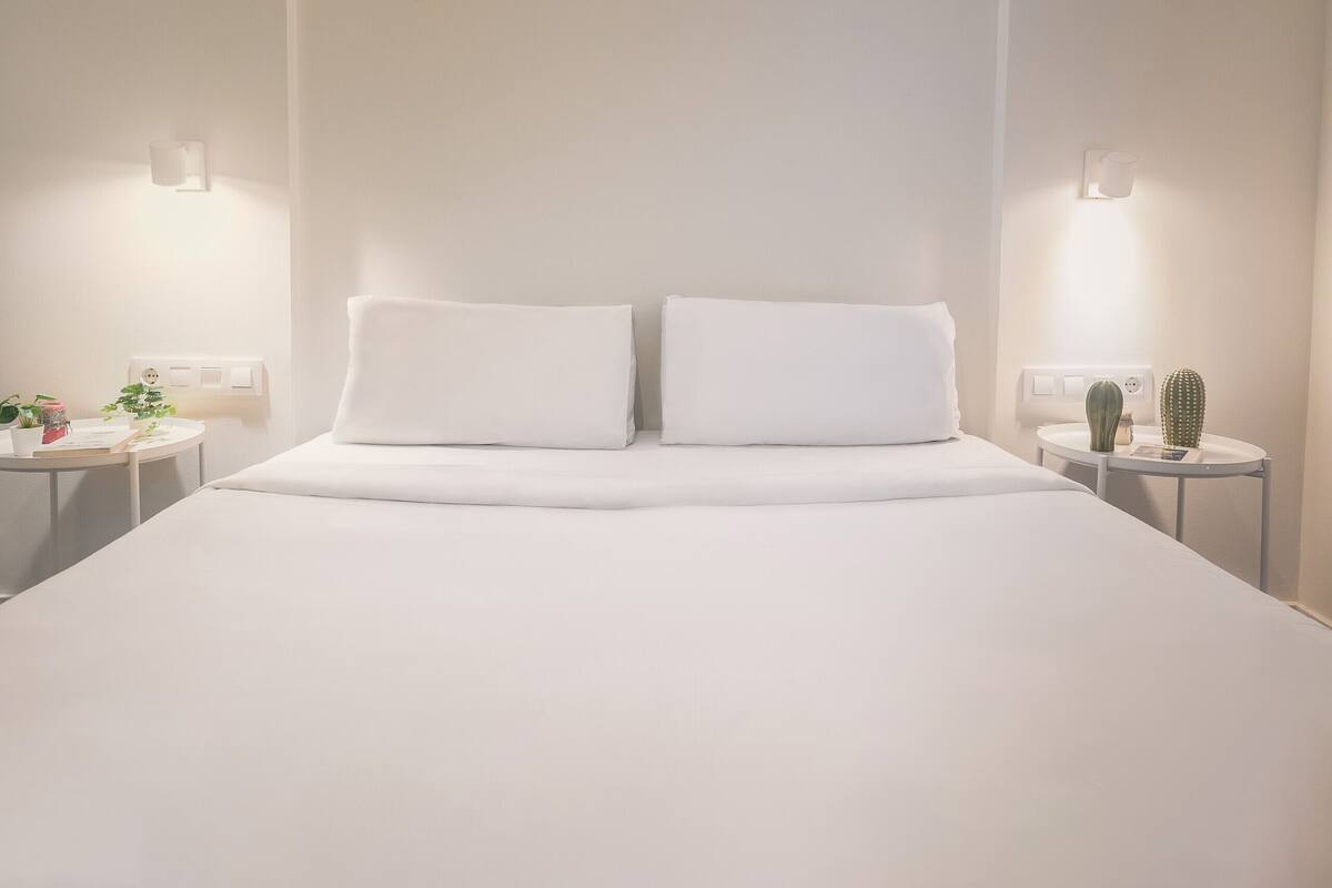 Una cama bien hecha con sábanas blancas, dos mesitas de noche con lámparas, y un cactus en una de ellas.