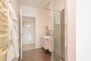 Shower, hair dryer, bidet, towels