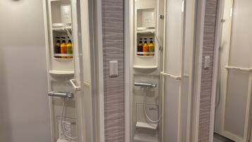 Shower, free toiletries, hair dryer, slippers