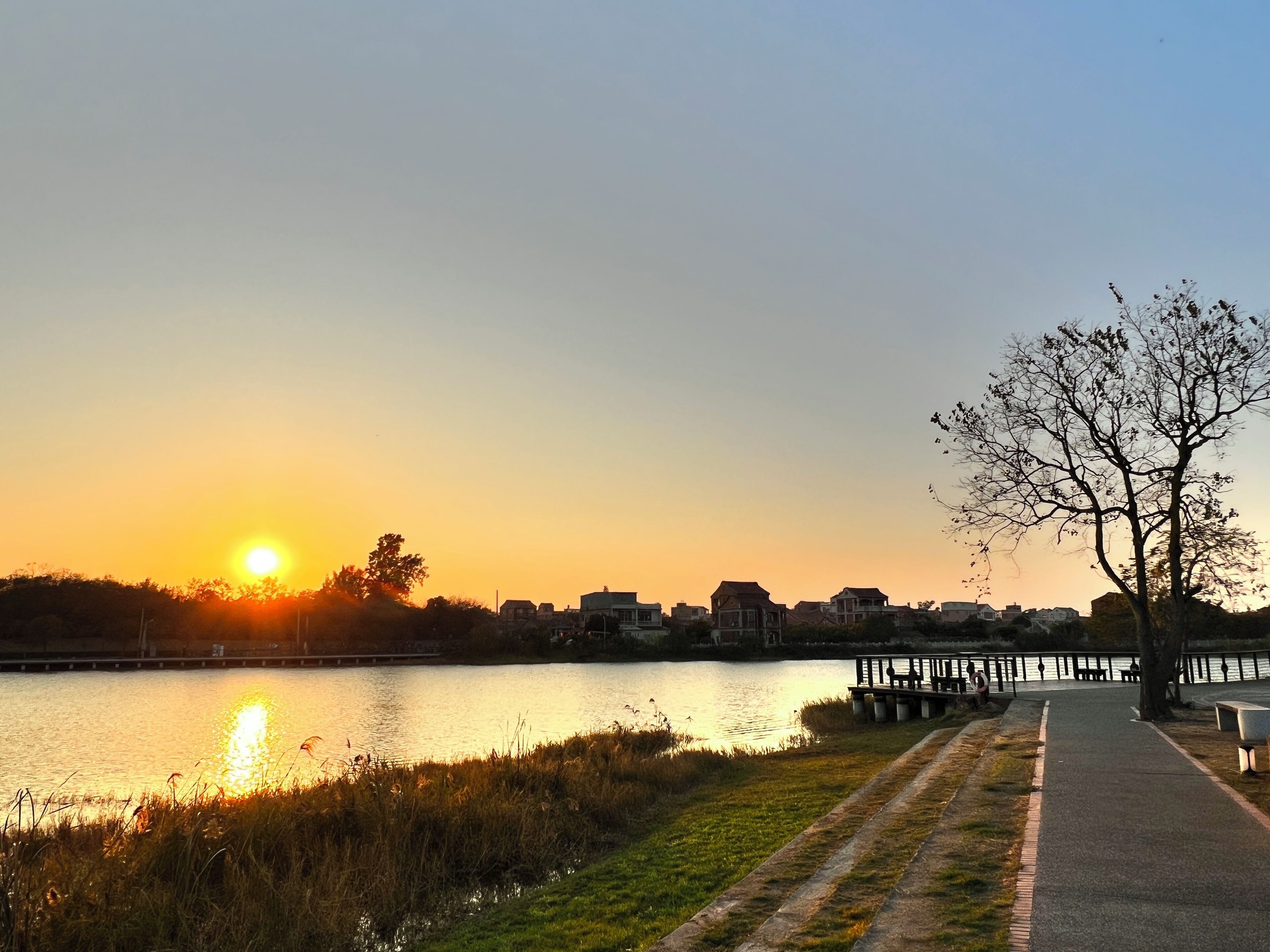 A riverside walkway with a bench and a tree, leading to a bridge over the water.